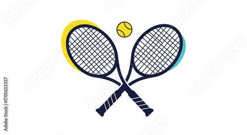 Two crossed tennis racquets and a ball on a white background.