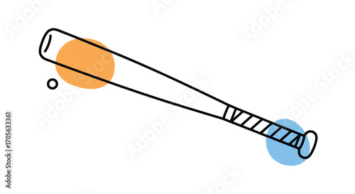 A simple illustration of a baseball bat and ball with colorful dots.