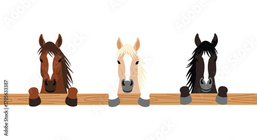 Three horses of different colors peeking over a wooden fence.