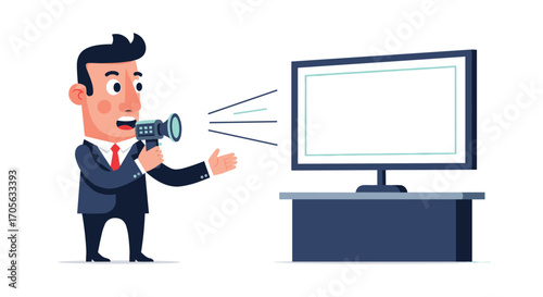 Businessman using a megaphone to announce something on a blank screen.