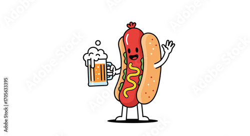 A cartoon hot dog with mustard and relish holding a frothy mug of beer.