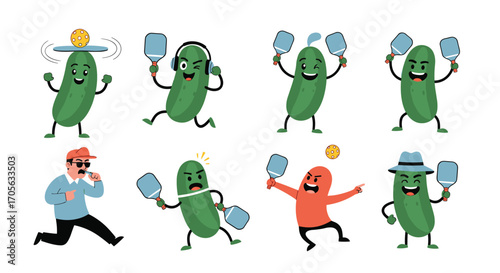 A collection of cartoon pickles playing pickleball and having fun.