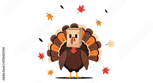 A whimsical turkey with a paper bag over its head stands proudly amidst falling autumn leaves.