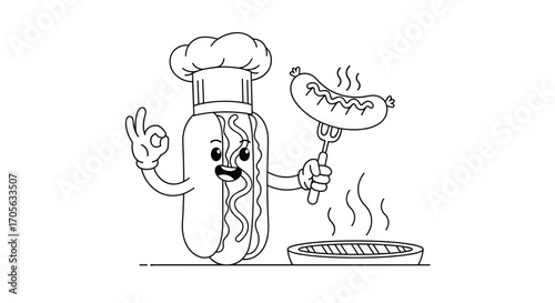 A happy chef hot dog character cooks a tasty sausage on a grill.