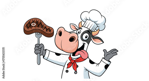 A cartoon cow chef proudly presents a juicy steak on a fork.