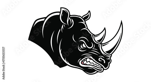 A fierce black rhinoceros with two horns and an aggressive expression.