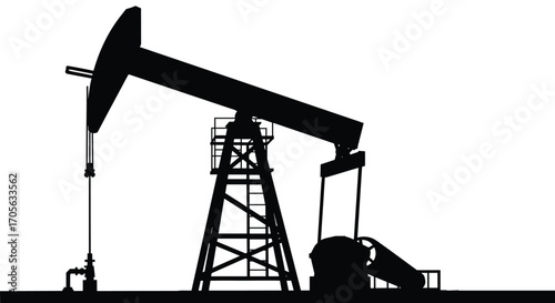 An oil pumpjack in silhouette on a white background is extracting crude oil from the earth.