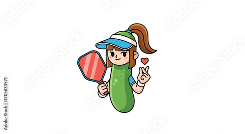 Pickleball playing girl with a cute pickle outfit and a paddle.