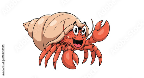 A cheerful hermit crab waving its claw while carrying its shell home.