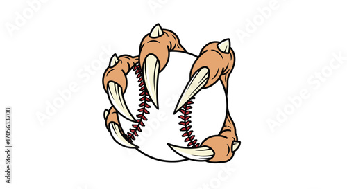 A claw grasps a baseball with sharp talons ready to strike.