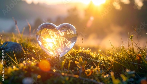 Radiant heart-shaped crystal pulsing with soft light in a misty glade, sincerity woven into glowing veins, vivid HD camera capture with sharp clarity