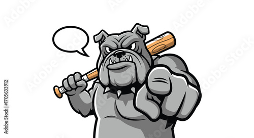 Angry bulldog holding baseball bat pointing forward and speaking.