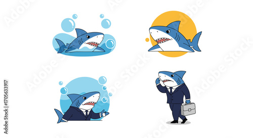 A collection of four pixel art illustrations featuring sharks in various poses and situations.