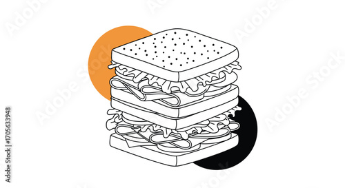 A stacked triple decker club sandwich illustration with orange and black circles.