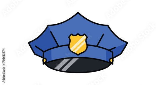 A blue police hat with a golden badge on the front.