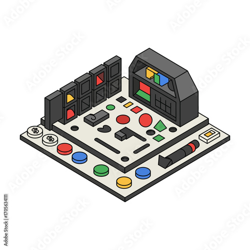 An isometric illustration displays a modern board game or control panel, featuring colorful geometric shapes and interactive elements on a white background.