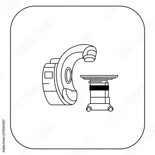 This minimalist line art illustration depicts a modern linear accelerator, a crucial medical device used for advanced radiation therapy in oncology and cancer treatment.