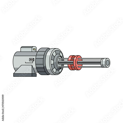 A detailed cartoon vector illustration depicts a grey industrial motor or power tool component with a rotating shaft and red accent, isolated on a white background.