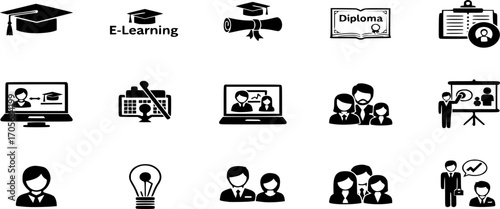Education and learning icons. E-learning, graduation, diploma, online class, presentation, student and teacher icon vectors illustration