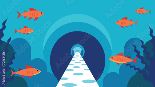 Playful sea creature and fish underwater chase scene vector illustration