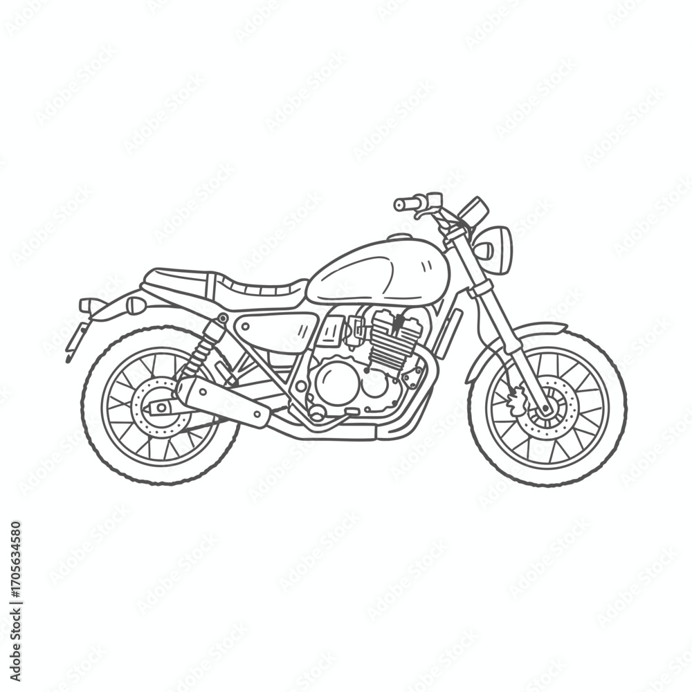 Obraz premium Line drawing of a classic motorcycle, side view, detailed design.