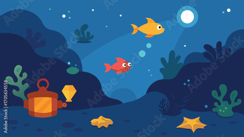 Playful underwater shark chasing school of colorful fish ocean scene vector illustration