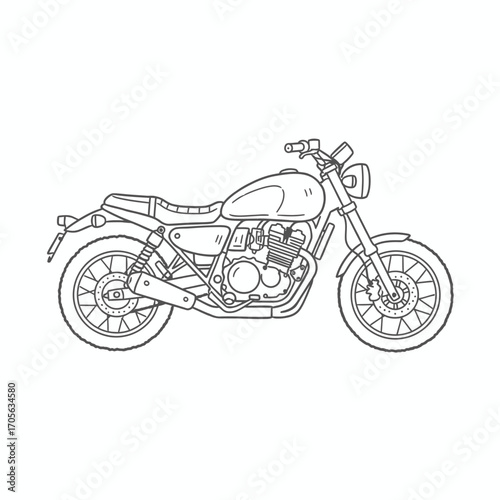 Line drawing of a classic motorcycle, side view, detailed design.