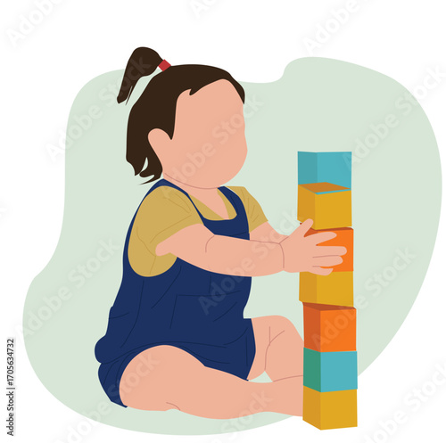little boy stacking blocks. excited children cartoon character with toy.