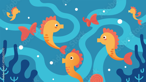 Playful underwater race lively fish swimming through illuminated tunnel vector illustration