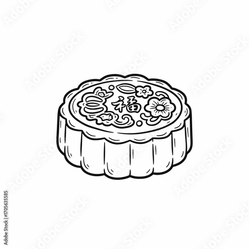A black and white line drawing of a mooncake with floral and Chinese character designs on top.