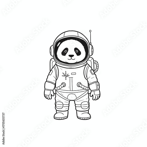 A cartoon panda bear wearing an astronaut suit with a helmet and backpack, standing upright.