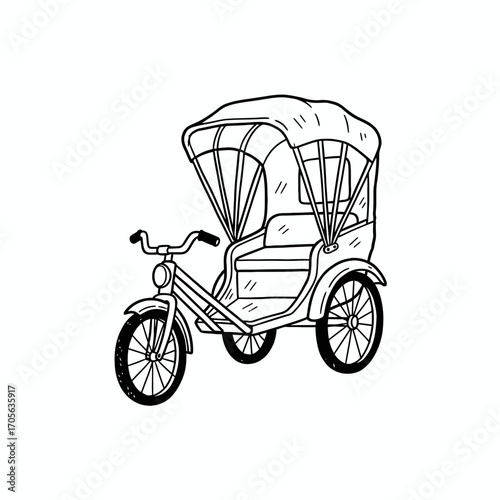 Black and white drawing of a rickshaw with a canopy, showing its frame and wheels.