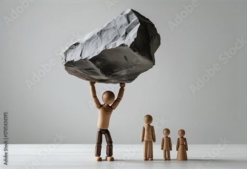 Wooden figure raising a massive stone overhead with smaller figures around it, representing power, responsibility, and inspiration.