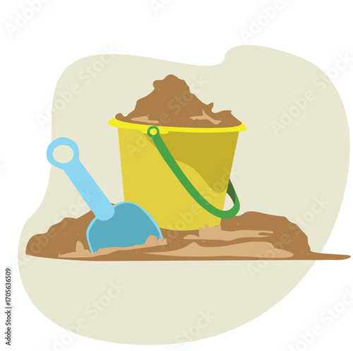 bucket, shovel and sand. vector illustration of sandpit kit in sand