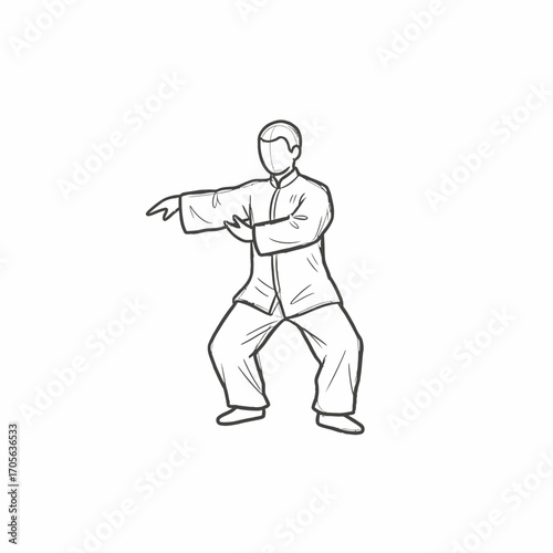 A line drawing of a person in a traditional martial arts stance, practicing a form.