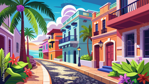 Colonial pastel facades line Old San Juan, Puerto Rico, cobblestone streets curving gently toward the turquoise Caribbean beneath swaying palms and vibrant bougainvillea blooms.