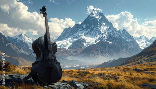 A dark cello rests on a rocky outcrop, framed by a majestic mountain range under a vibrant sky.
