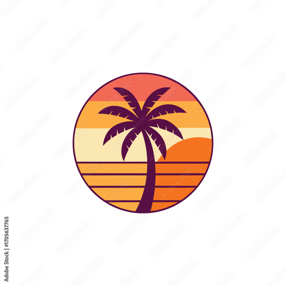 Fototapeta premium Modern Flat Vector Logo Featuring Palm Tree Over a Colorful Beach Sunset for Travel and Resorts