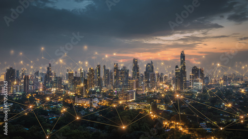 Wallpaper Mural  Twilight a city of modern business and smart digital innovation with a network of interconnected rewards over the cityscape of the future smart wireless digital city and social media network Torontodigital.ca