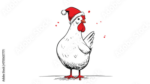 Cheerful Cartoon Chicken in Stylish Red Hat and White Christmas Scarf