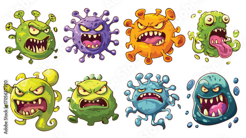 Cartoon Evil Bacteria and Angry Virus Pathogen Set