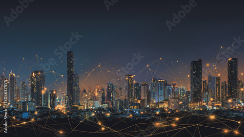 Wallpaper Mural  Twilight a city of modern business and smart digital innovation with a network of interconnected rewards over the cityscape of the future smart wireless digital city and social media network Torontodigital.ca