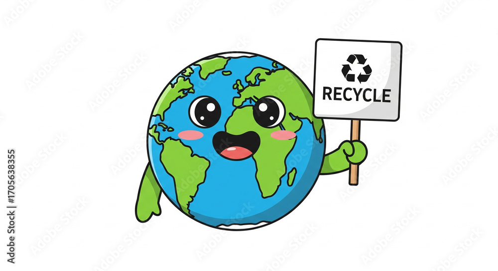 Obraz premium Happy Earth character holding a recycle sign, promoting environmental awareness and sustainability