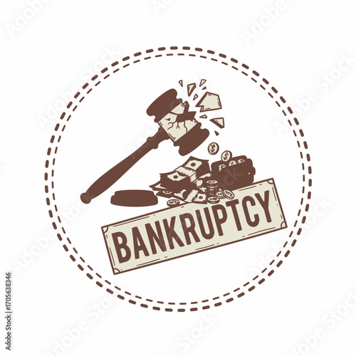 A stylized illustration of a gavel shattering money and a bankruptcy sign, symbolizing financial ruin.