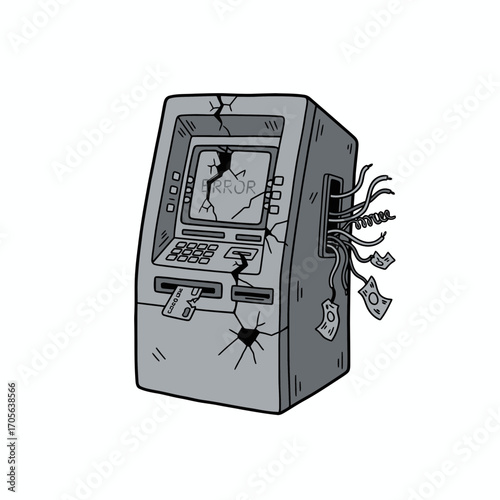 A broken ATM machine, riddled with cracks and exposed wires, suggests financial instability and technological malfunction.
