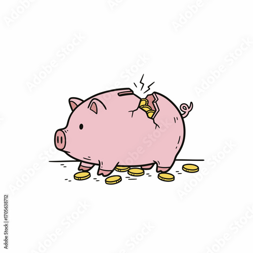 A cartoon illustration of a pink piggy bank with a crack, coins spilling out.
