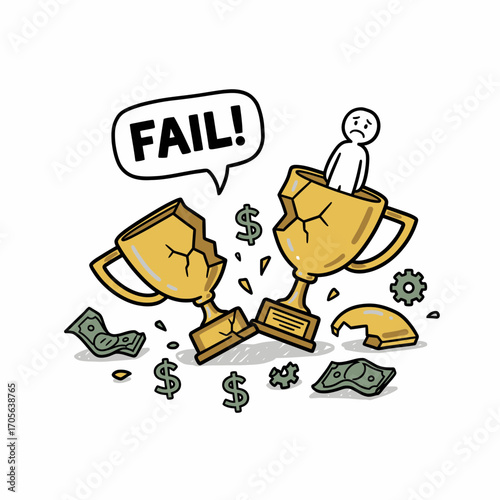 A sad figure sits inside a broken trophy amidst scattered money and a "FAIL!" speech bubble.