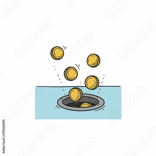 Illustration depicts gold coins falling into a drain, symbolizing financial loss or waste.