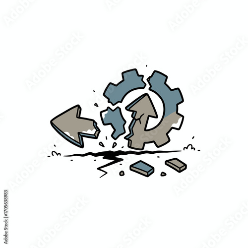 A cartoon depiction of a broken gear symbol, representing the collapse of a system.