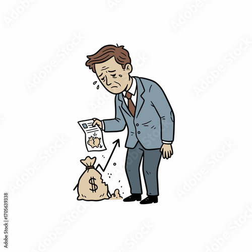A sad businessman looking at financial documents, with a broken money bag.